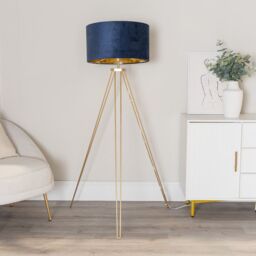 ValueLights Aero Hairpin Gold Tripod Floor Lamp with Velvet & Gold Drum Lamp Shade & Bulb in Dark Navy - thumbnail 3
