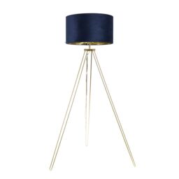 ValueLights Aero Hairpin Gold Tripod Floor Lamp with Velvet & Gold Drum Lamp Shade & Bulb in Dark Navy - thumbnail 2