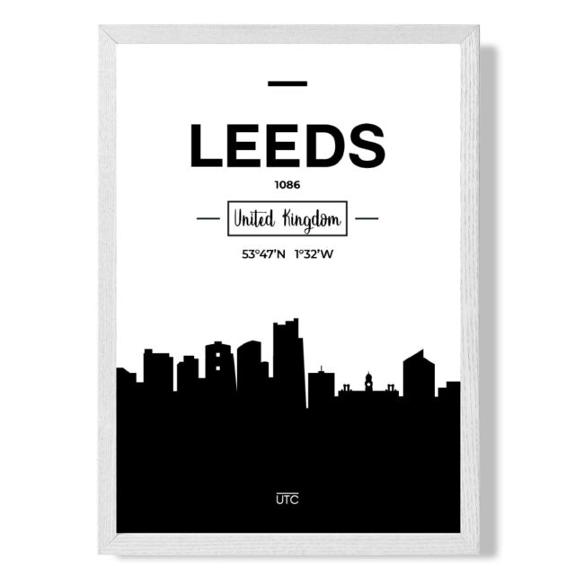 ARTZE Leeds Black & White City Skyline Framed Print SIZE: A4 with White Frame - image 1