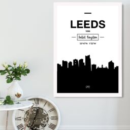 ARTZE Leeds Black & White City Skyline Framed Print SIZE: A4 with White Frame - thumbnail 2