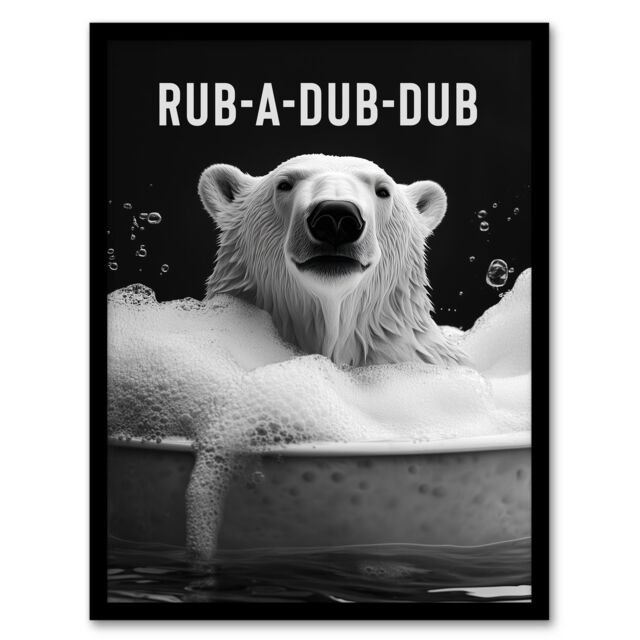 "Artery8 Polar Bear in Bathtub Bath Time Rub A Dub Fun Framed Art Print in White - Size: W12"" x H16""" - image 1