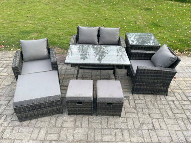 Fimous Rattan Wicker Garden Furniture Patio Conservatory Sofa Set with Rectangular Dining Table Armchair 3 Footstools Side Table in Dark Grey