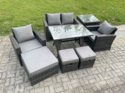 Fimous Rattan Wicker Garden Furniture Patio Conservatory Sofa Set with Rectangular Dining Table Armchair 3 Footstools Side Table in Dark Grey - thumbnail 2