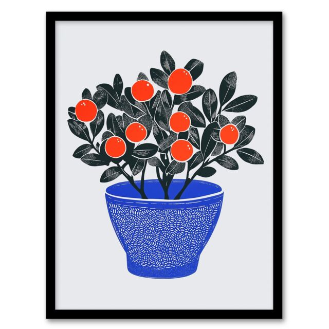 Artery8 Teaberry Red Berry Potted Plant Blue Red Bright Framed Art Print in Orange - Size: A4 - image 1
