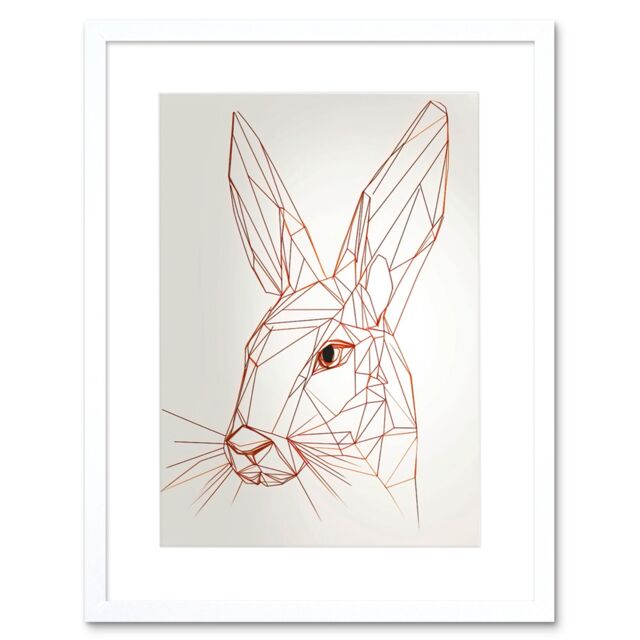 "Artery8 Wall Art Print Rabbit Polygon Head Minimal Line Drawing Portrait Artwork Framed 9X7 Inch in White - Size: W7"" x H9""" - image 1