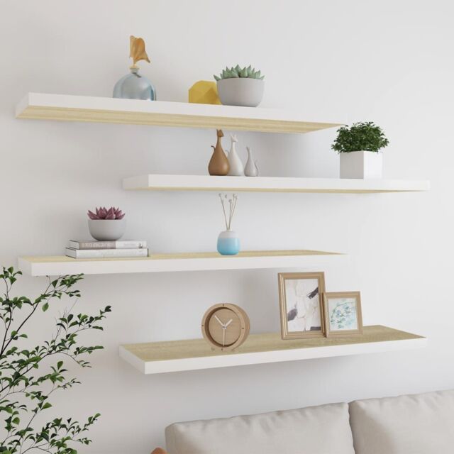 Berkfield Home Floating Wall Shelves 4 pcs Oak & White 90x23.5x3.8 cm MDF in Brown - image 1