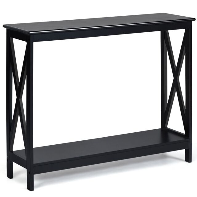 Costway 2-Tier Console Table X-design Wooden Hall Desk Side End Table W/ Shelf in Black - image 1