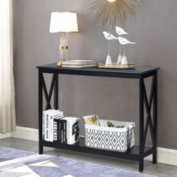 Costway 2-Tier Console Table X-design Wooden Hall Desk Side End Table W/ Shelf in Black - thumbnail 4