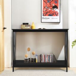 Costway 2-Tier Console Table X-design Wooden Hall Desk Side End Table W/ Shelf in Black - thumbnail 3