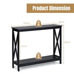 Costway 2-Tier Console Table X-design Wooden Hall Desk Side End Table W/ Shelf in Black - thumbnail 2
