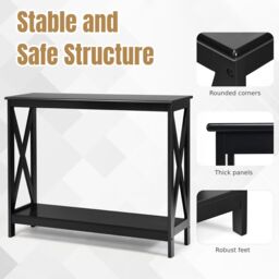 Costway 2-Tier Console Table X-design Wooden Hall Desk Side End Table W/ Shelf in Black - thumbnail 6