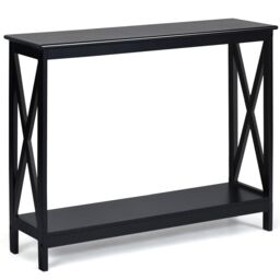 Costway 2-Tier Console Table X-design Wooden Hall Desk Side End Table W/ Shelf in Black - thumbnail 1