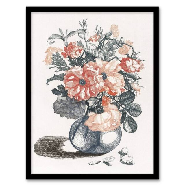 Artery8 Still Life Pink Roses in Glass Vase Teyler Framed Wall Art Print in White - Size: A4 - image 1