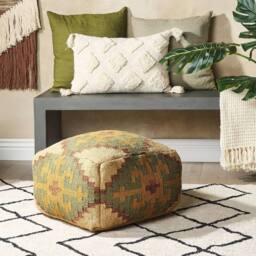 Wyld and Coco Kilim-Style Jute and Wool Pouffe 50 x 50 cm in Beige - thumbnail 1