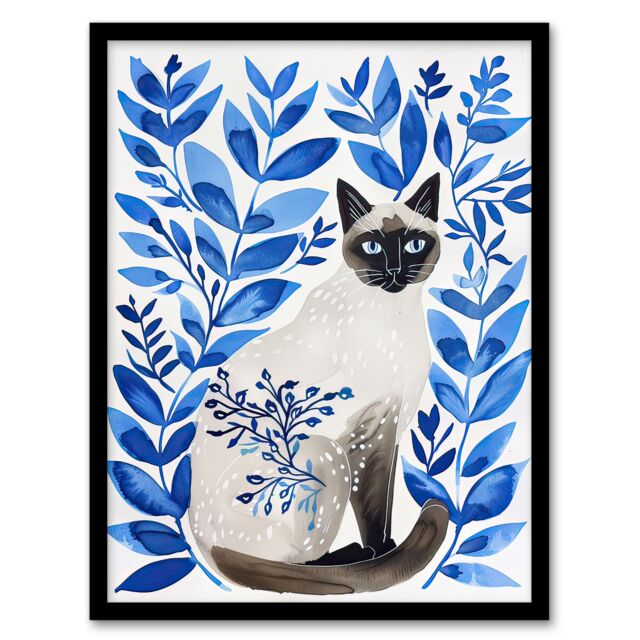 Artery8 Siamese Cat Lover & Blue Plants Pet Portrait Framed Wall Art - Size: A4 - image 1