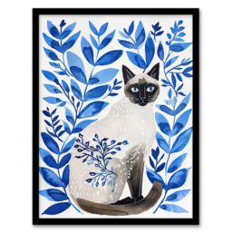 Artery8 Siamese Cat Lover & Blue Plants Pet Portrait Framed Wall Art - Size: A4 - thumbnail 1