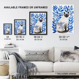 Artery8 Siamese Cat Lover & Blue Plants Pet Portrait Framed Wall Art - Size: A4 - thumbnail 3