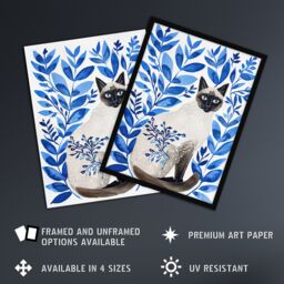 Artery8 Siamese Cat Lover & Blue Plants Pet Portrait Framed Wall Art - Size: A4 - thumbnail 2