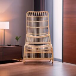 Orsina Rattan Chair & Footstool Set, Vertical Rattan Lining Chair, Hand-woven Rattan Set with Black Iron Frame in Brown - thumbnail 2