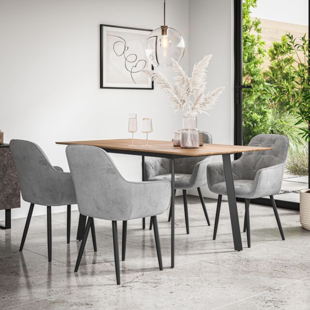 More4Homes Haydon Extending Dining Table & Chairs - Oak Effect Table Top w Black Legs + Anika Velvet Dining Chair Set Of 4 in Grey - image 1