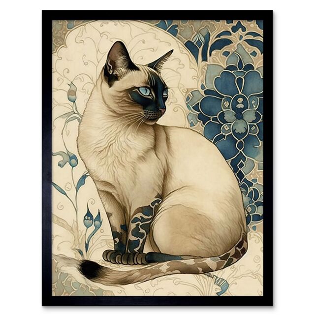 "Artery8 Wall Art Print Siamese Cat with Blue Flower Pattern Modern Art Nouveau Watercolour Art Framed in Black - Size: W12"" x H16""" - image 1