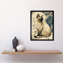"Artery8 Wall Art Print Siamese Cat with Blue Flower Pattern Modern Art Nouveau Watercolour Art Framed in Black - Size: W12"" x H16""" - thumbnail 2
