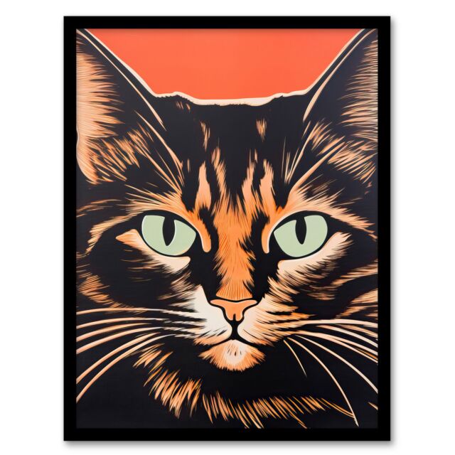 Artery8 Wall Art Print Tortoiseshell Cat Screen Risograph Artwork Spot Block Colour Duotone Orange Retro Riso Interior Design Art Framed - Size: A4 - image 1