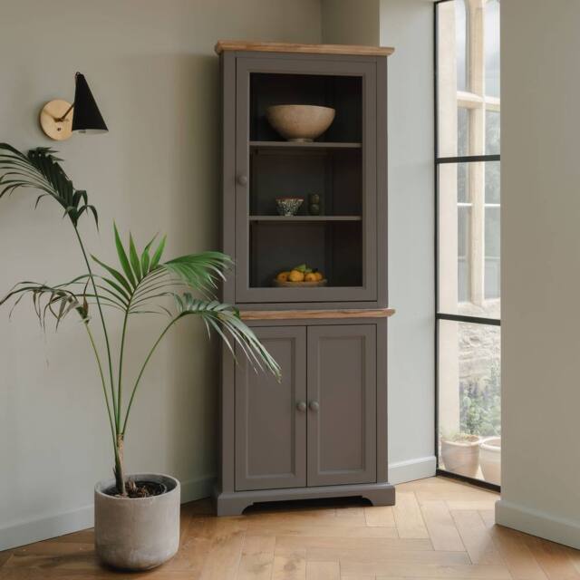 Statement Furniture Florence Corner Display Cabinet, Glass Door Dresser in Light Grey - image 1
