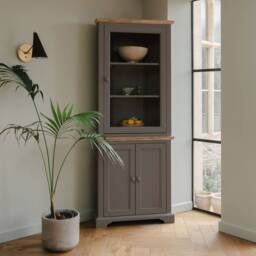 Statement Furniture Florence Corner Display Cabinet, Glass Door Dresser in Light Grey