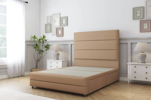 "Sloomy Monaco Tweed Divan Bed Base 2 Drawers Right Side With 26"" Strutted Headboard & 12"" Matching Footboard in Light Brown - Size: Super King" - image 1