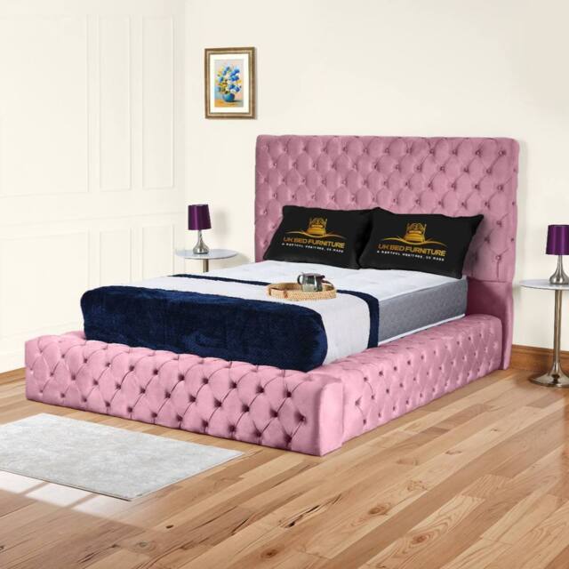 UK Bed Furniture Ambassador Upholstered Bed Frame with 54-inch Headboard - Slatted Base in Pink - Size: Double - image 1