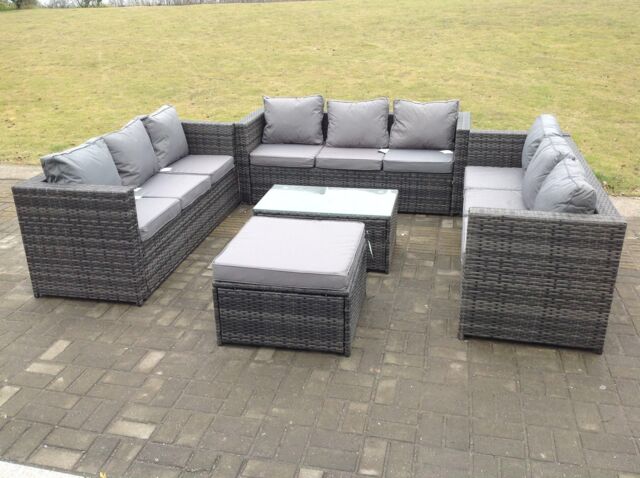 Fimous Outdoor Rattan Garden Furniture Lounge Sofa Set With Oblong Coffee Table With Big Footstool in Dark Grey - image 1
