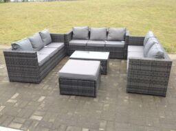 Fimous Outdoor Rattan Garden Furniture Lounge Sofa Set With Oblong Coffee Table With Big Footstool in Dark Grey - thumbnail 1