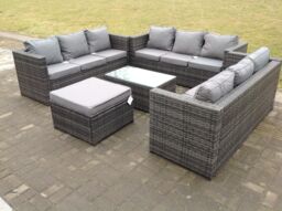 Fimous Outdoor Rattan Garden Furniture Lounge Sofa Set With Oblong Coffee Table With Big Footstool in Dark Grey - thumbnail 3