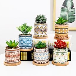simpa PC Mixed Earth Pattern Ceramic Plant Pots with Bamboo Base - thumbnail 2