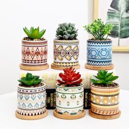 simpa PC Mixed Earth Pattern Ceramic Plant Pots with Bamboo Base - thumbnail 3