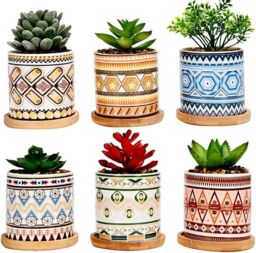 simpa PC Mixed Earth Pattern Ceramic Plant Pots with Bamboo Base