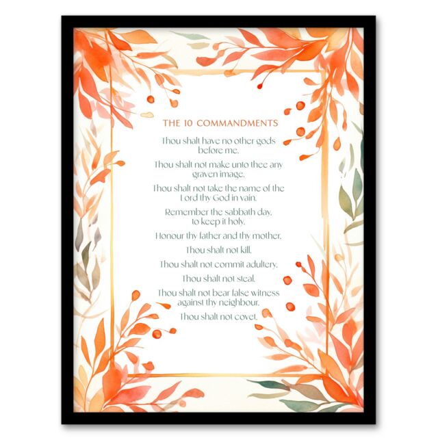 "Artery8 Wall Art Print The 10 Ten Commandments Orange Exodus Faith Bible Quote Framed - Size: W12"" x H16""" - image 1