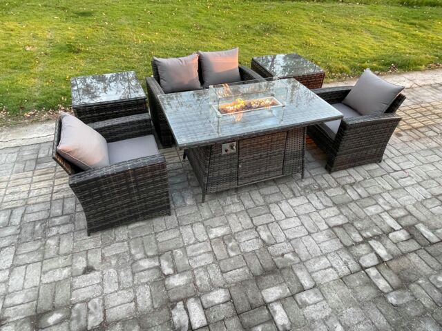 Fimous Outdoor Rattan Sofa Set Garden Furniture Gas Firepit Dining Table Heater with 2 Side Tables in Dark Grey