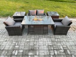 Fimous Outdoor Rattan Sofa Set Garden Furniture Gas Firepit Dining Table Heater with 2 Side Tables in Dark Grey - thumbnail 2
