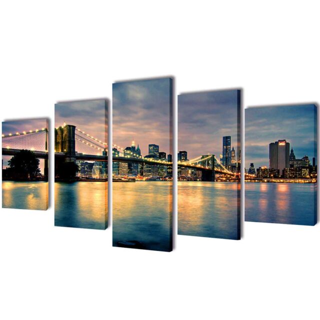 Berkfield Home Canvas Wall Print Set Brooklyn Bridge River View 200 x 100 cm - image 1