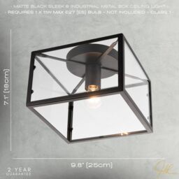 Happy Homewares Industrial Square Box Matte Black Ceiling Light with Clear Glass Sides - thumbnail 7
