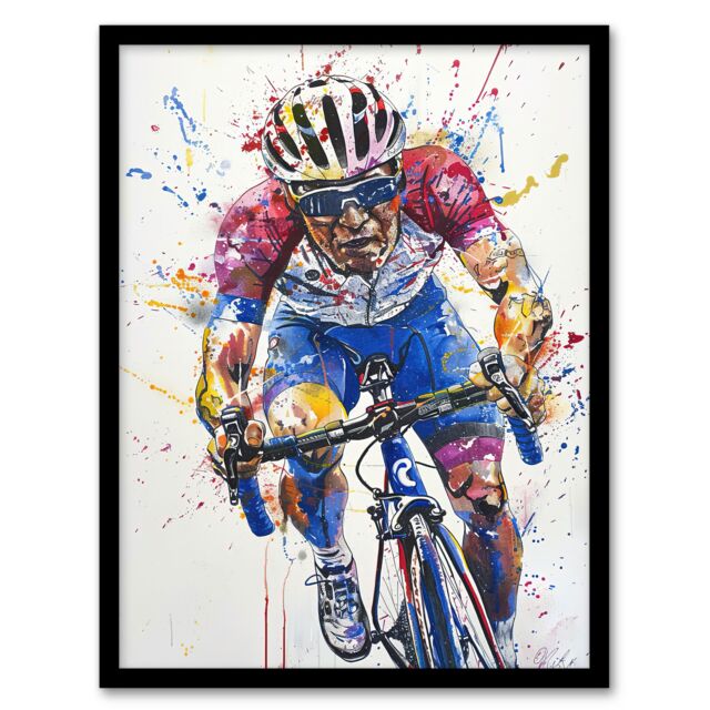 "Artery8 Male Cyclist Action Shot Watercolour Cycling Framed Art Print - Size: W12"" x H16""" - image 1