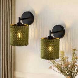 NIVOR 1 Light Boho Farmhouse Wooden Armed Sconce Wall Light E27 (Set of 2) in Green - thumbnail 1