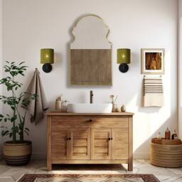 NIVOR 1 Light Boho Farmhouse Wooden Armed Sconce Wall Light E27 (Set of 2) in Green - thumbnail 4