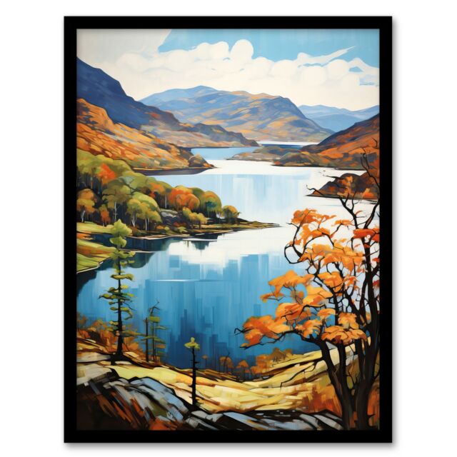 "Artery8 Wall Art Print Loch Katrine Scotland Serene Loch Framed By Trossachs Artwork Painting Art Framed in Black - Size: W12"" x H16""" - image 1