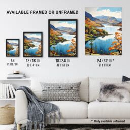 "Artery8 Wall Art Print Loch Katrine Scotland Serene Loch Framed By Trossachs Artwork Painting Art Framed in Black - Size: W12"" x H16""" - thumbnail 3