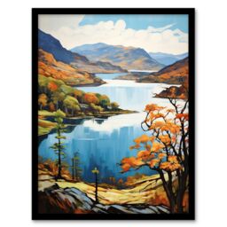 "Artery8 Wall Art Print Loch Katrine Scotland Serene Loch Framed By Trossachs Artwork Painting Art Framed in Black - Size: W12"" x H16""" - thumbnail 1