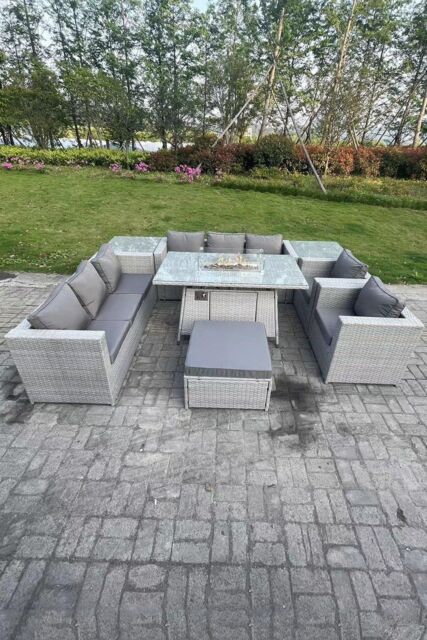Fimous Rattan Fire Pit Garden Furniture Set Gas Heater Burner Lounge Sofa Dining Set 2 Coffee Table Chairs in Light Grey - image 1