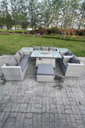 Fimous Rattan Fire Pit Garden Furniture Set Gas Heater Burner Lounge Sofa Dining Set 2 Coffee Table Chairs in Light Grey - thumbnail 1